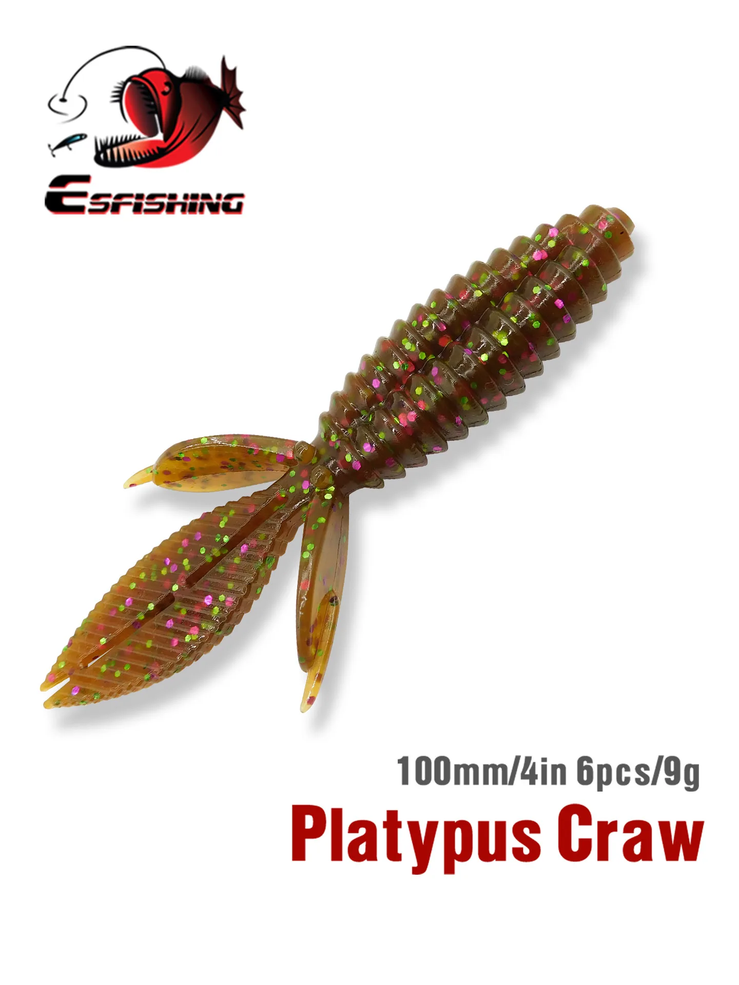 

ESFISHING Bass Fishing PLATYPUS, 10 см, 9 г, 6 шт., приманка для ловли басов, искусственная мягкая пластмассовая форель, приманка для щуки, креветки, запах, соли