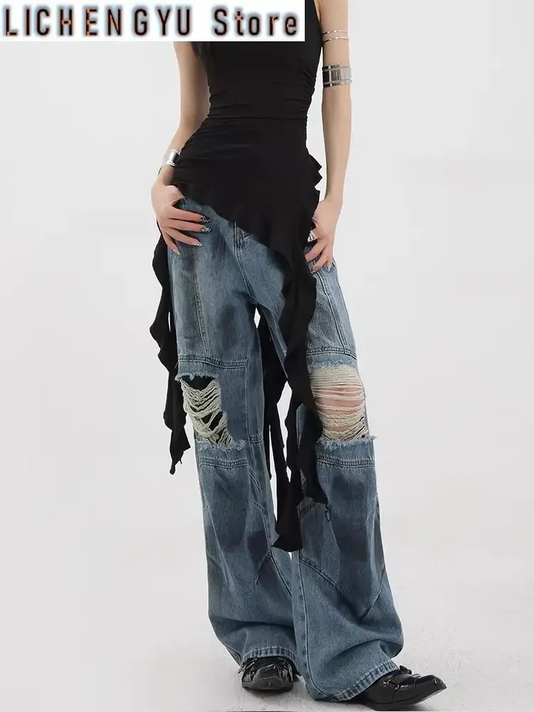 

Women Dirty Design Summer Thin Hole Jeans Young Girl Street Straight Bottoms Vintage Casual Trousers Female Wide Leg Pants
