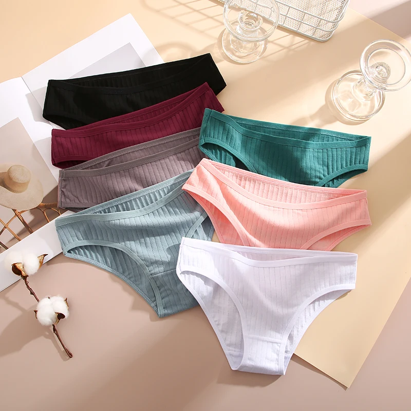 1PC Seamless Ribbed Cotton Panties Women Briefs Simple Solid Color Low Waist Bikini Panty Sports Girls Underwear Plus Size M-XL