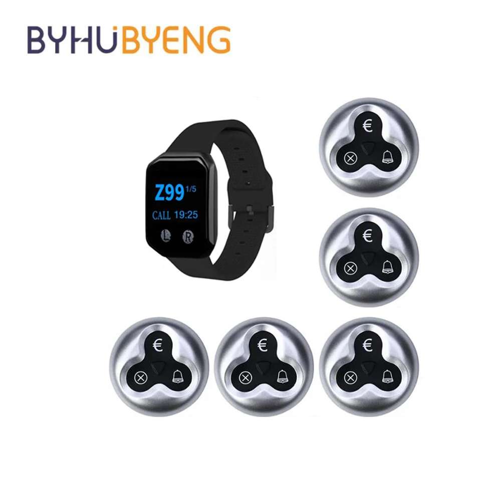 Byhubyeng Wireless Pager Restaurant Service Calling System with 5pcs Call Transmitter Button +1pcs Watch Receiver for Cafe Bar