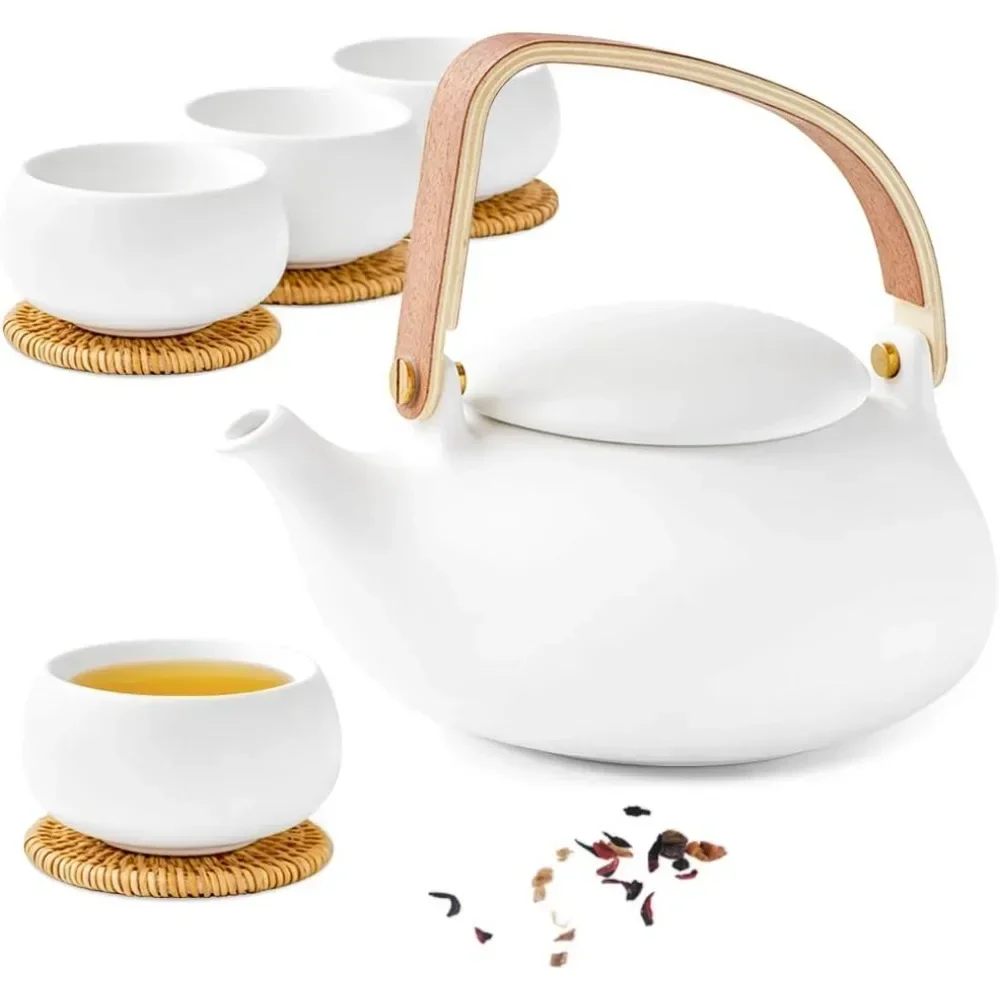 Modern Tea Set 27oz Ceramic Teapot with Fine Stainer and 4 Cups  Loose Leaf Tea Steeper Wood Handle Matte Teapots Hot Tea Brewer