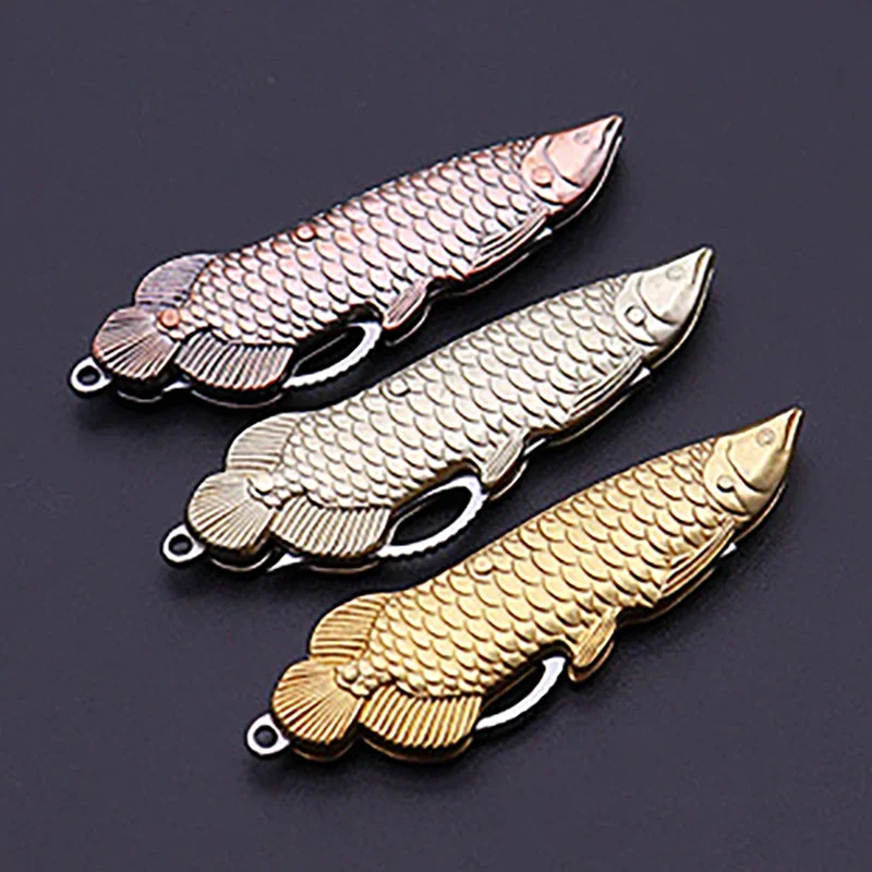 Brass Golden Dragon Fish Shaped Handle Mini Folding Blade Mini Knife Sharp Portable Outdoor Camping Knife Open Express Keychain