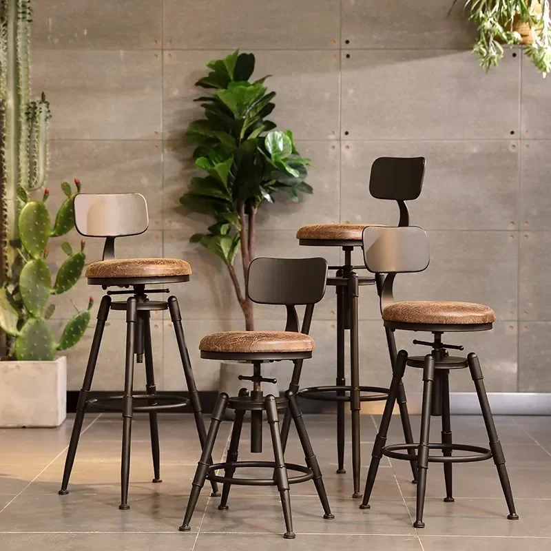 

Rotatable Minimalist Bar Stools Solid Wood High Legged Chairs Iron Backrest Elegant Seating for Home and Hospitality