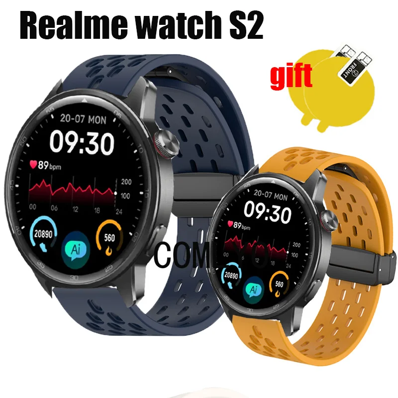 Para Realme watch S2 correa de silicona deportes suave mujeres hombres banda protector de pantalla película