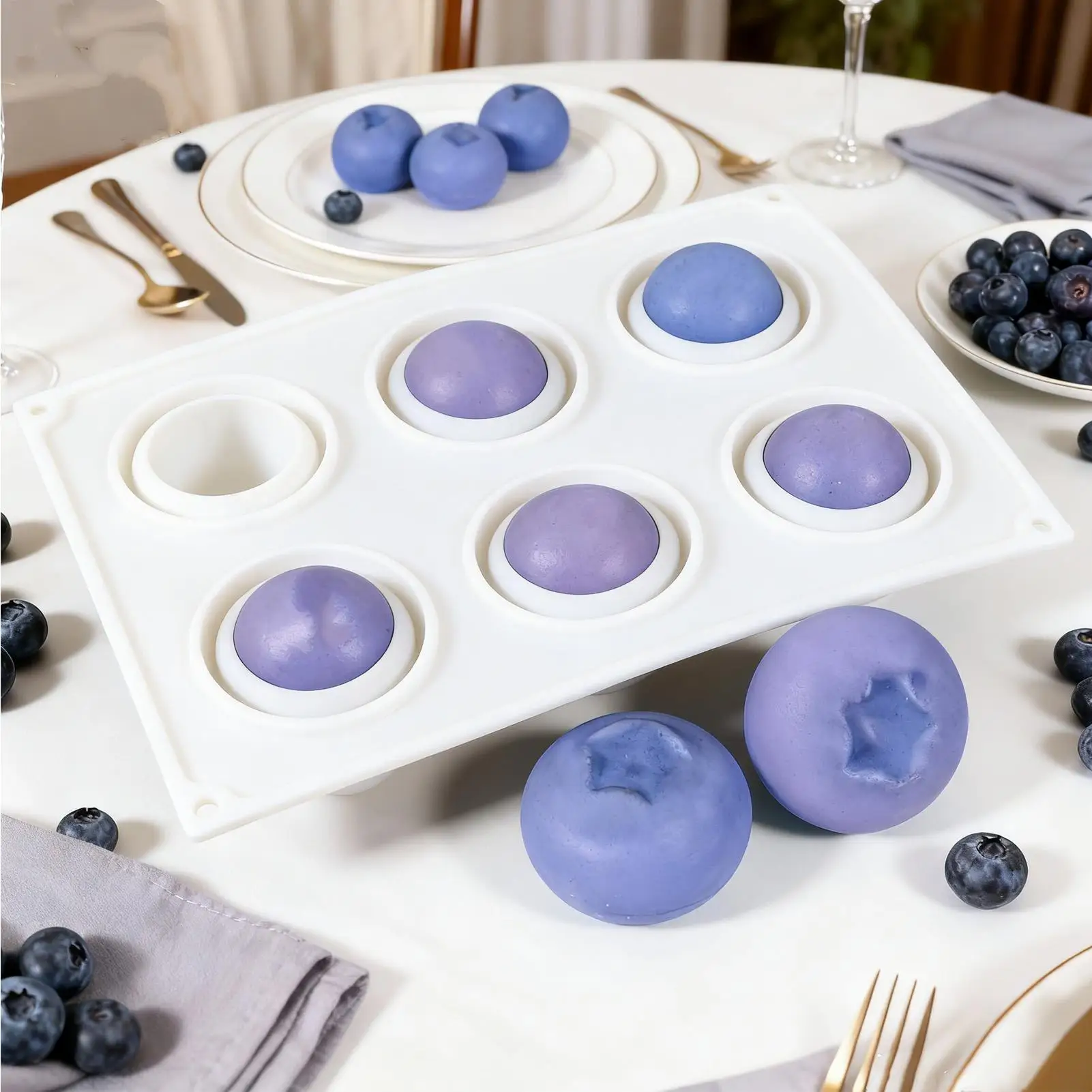 6 Cavity Blueberry Mousse Cake Baking Mold Kitchen Fruit Shaped Dessert Silicone Mold for Chocolate Pudding Dessert Ice Cream