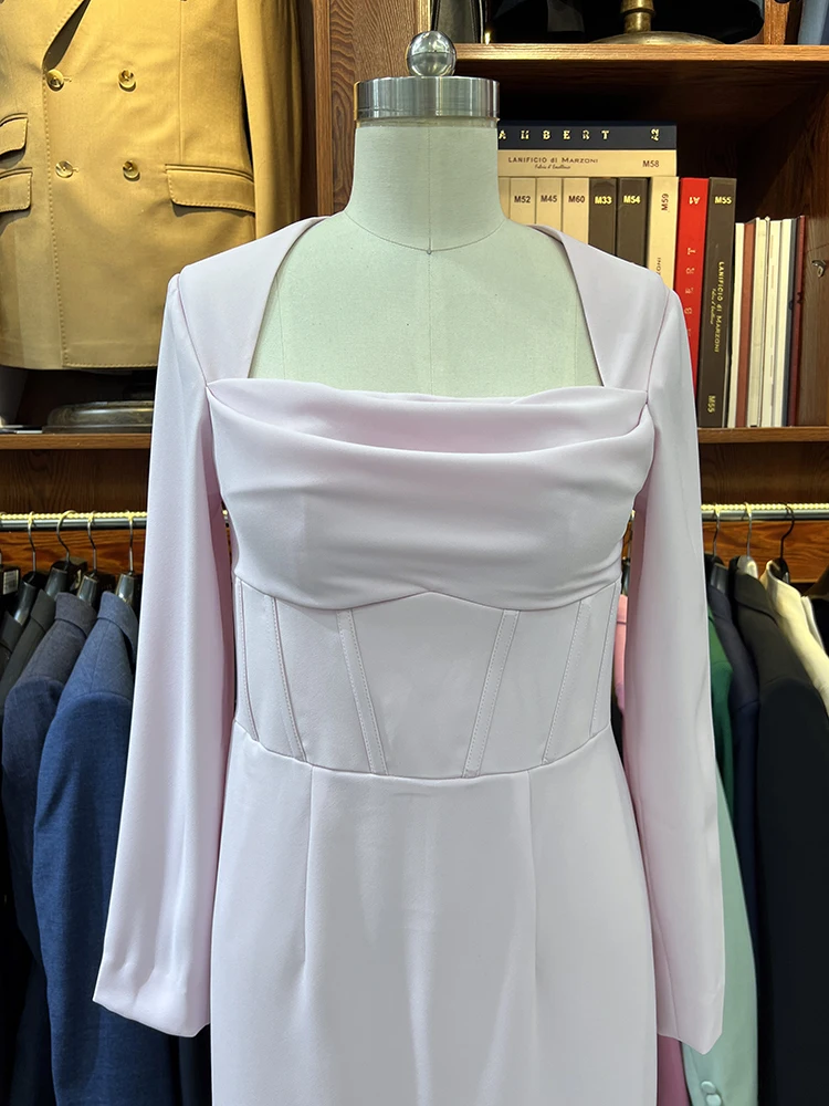 Customized women's square neck evening dress, pink pleated and floor skirt, special occasions, customized size, formal dress