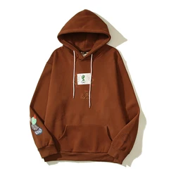 Cactus Jack Letter Brown Fleece Hooded Sweatshirts for Men High Street Baggy Casual Hoodies Unisex Oversized Pullover Hoody