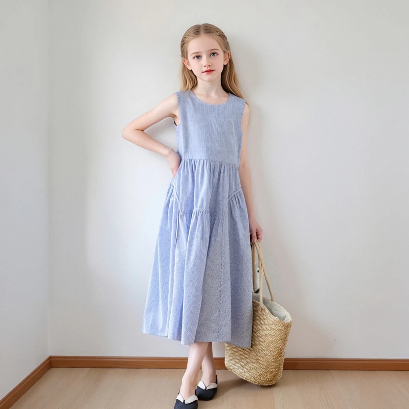 

Teen Girls Summer Tank Dress Backless Smocked Plaid Print Casual Beach Dresses for Toddler Kids Children Party Vacation Outfits
