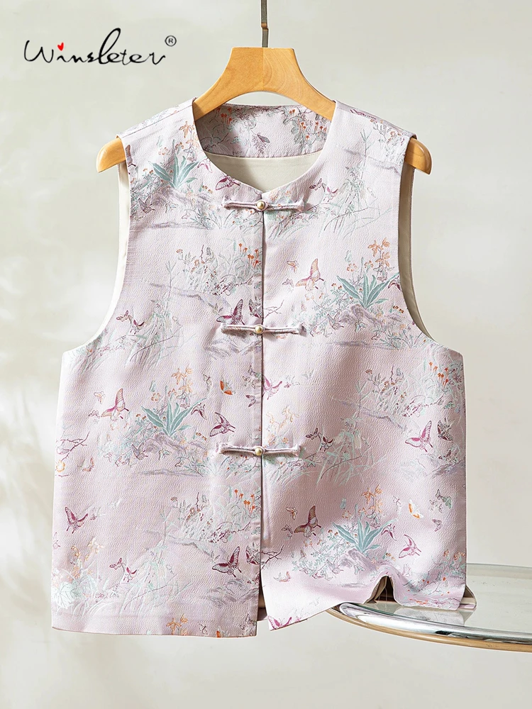 

Winsleter-100%Real Silk Song Brocade Elegant Vest Coat, O Neck Butterfly, Women Versatile Chic Waistcoat, 2025 Winter C5N636CC