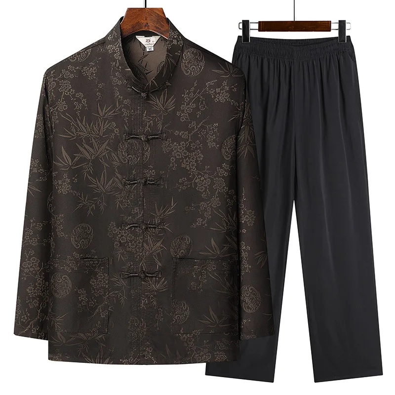 Tang Suit (top + Pants) Middle-aged and Elderly Men's Chinese Style Printed Imitation Fragrant Gauze Long Sleeve Hanfu Suit Set