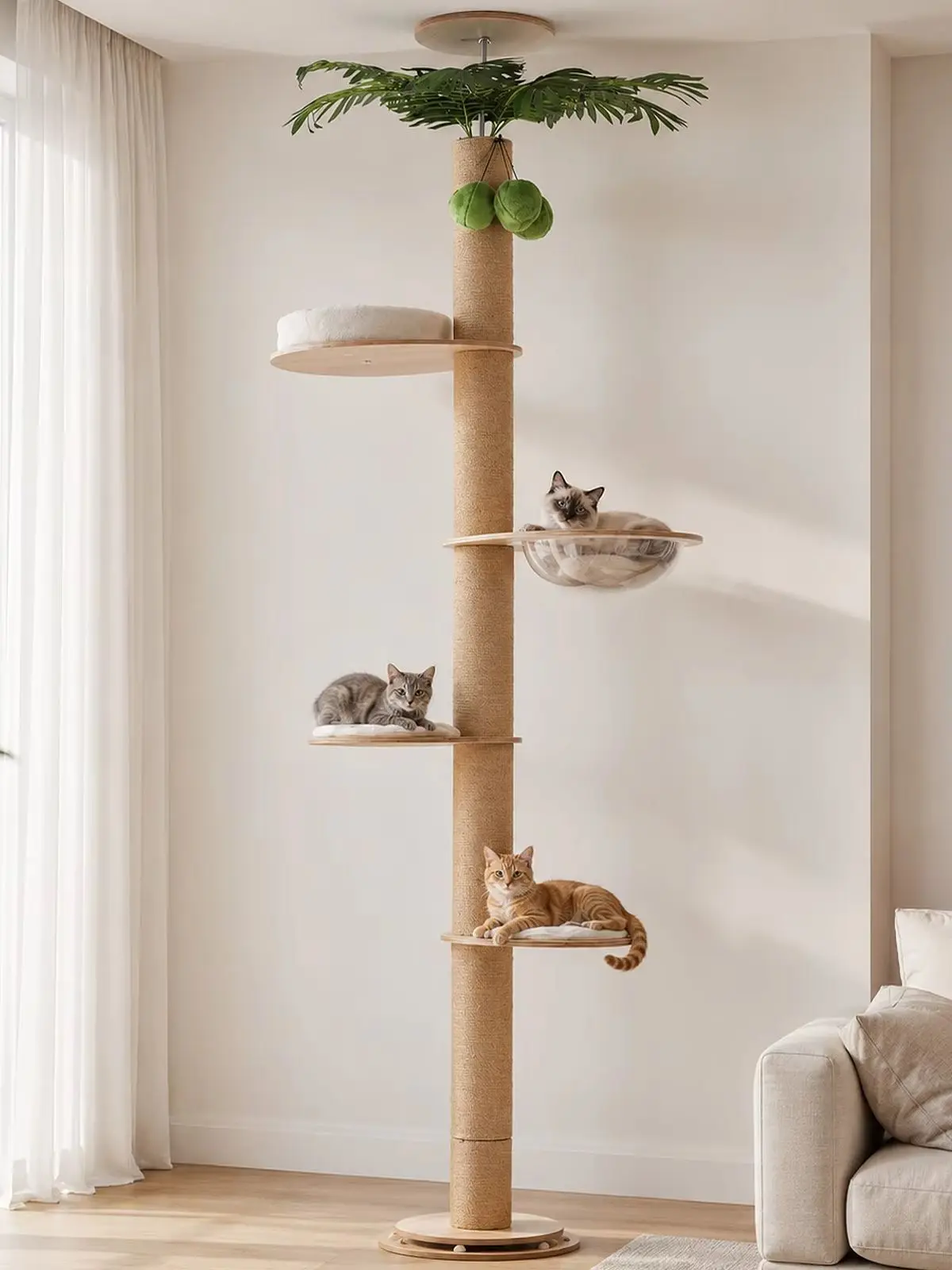 Höhenverstellbarer Katzenbaum für Hauskatzen, Boden-bis-Decke-Katzenturm mit verdicktem Sisal-Kratzbaum, Acryl-Schalenbett, Kugelbahn-Spielzeug, weicher Liegeplatz, Katzenspielzeug