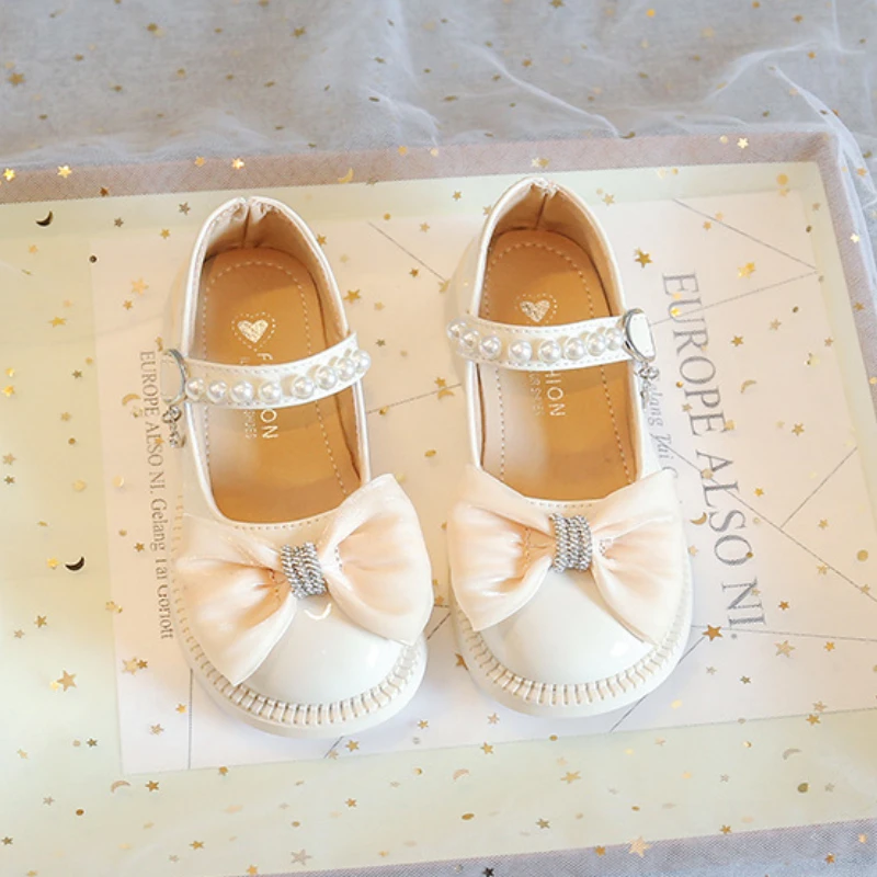 Child Shoes Girl Leather Shoe Autumn New Soft Soled Casual Shoe Fashionable Pearl Mary Jane Shoes Bow Tie Child Princess Shoes