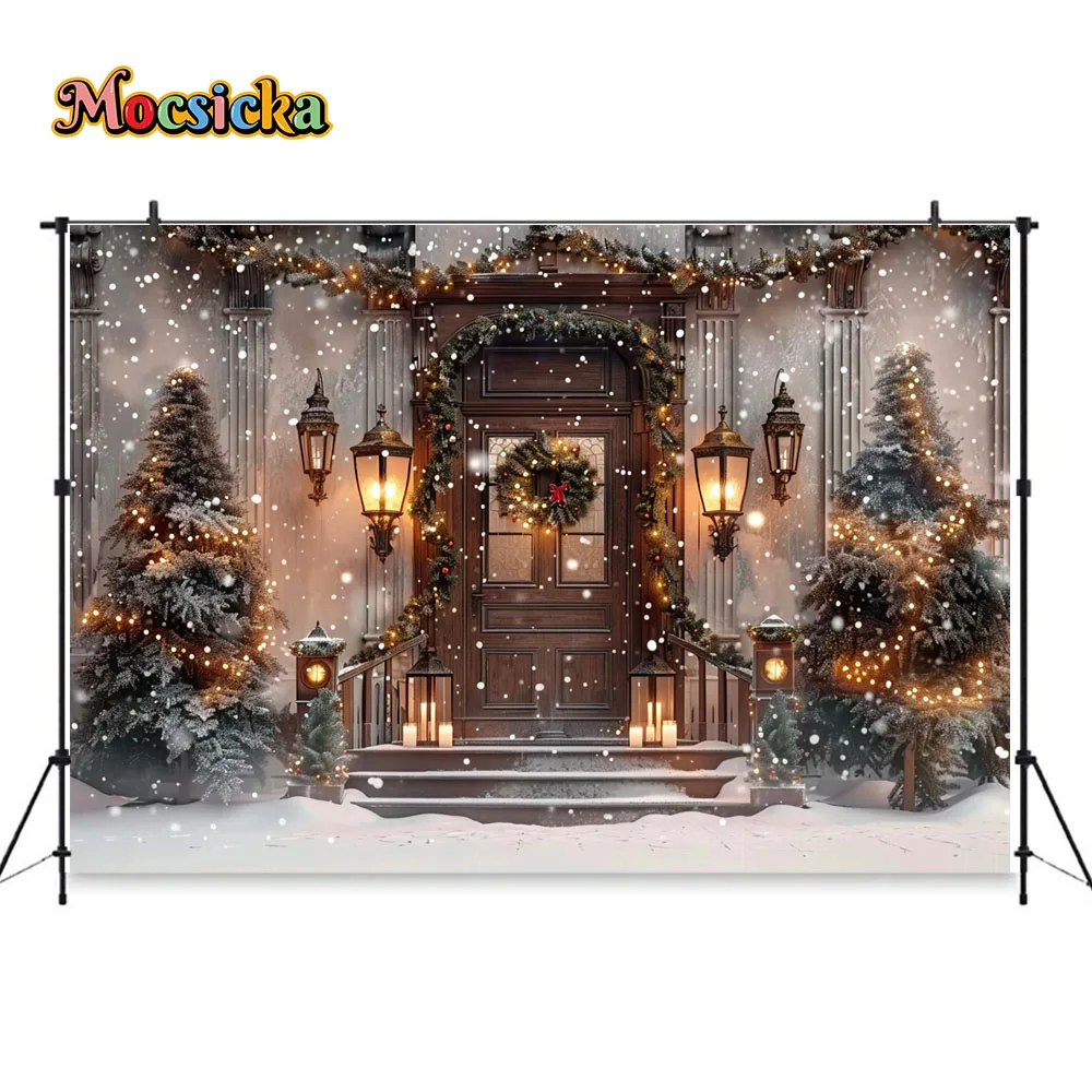 Winter Christmas Photography Background Rustic Brown Door Lights Xmas Tree Snowflake Backdrop Kid Birthday Party Portrait Studio