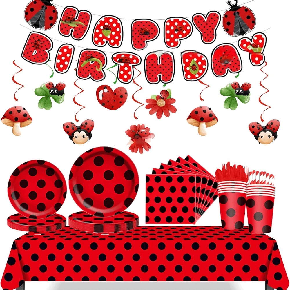 Joaninha festa talheres placa de papel copo guardanapo feliz aniversário banner bolo decoração milagrosa joaninha decoração de aniversário suprimentos