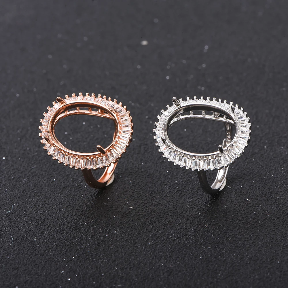 13x18mm S925 Silver Oval Solid Shank Ring Base, Diamond Accent Bridal Setting for Gemstones, Handcrafted Jewelry Making Supplies