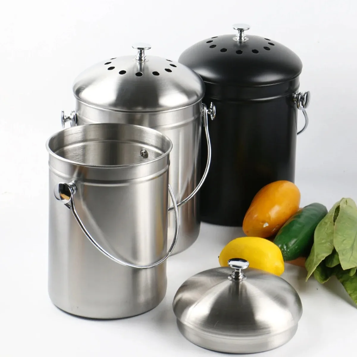 Contenedor de Compostaje para Cocina, Acero Inoxidable, Inodoro, Cubo para Desechos de Alimentos, Bote de Basura para Encimera, Ahorro de Espacio, Organizador Ecológico para el Hogar
