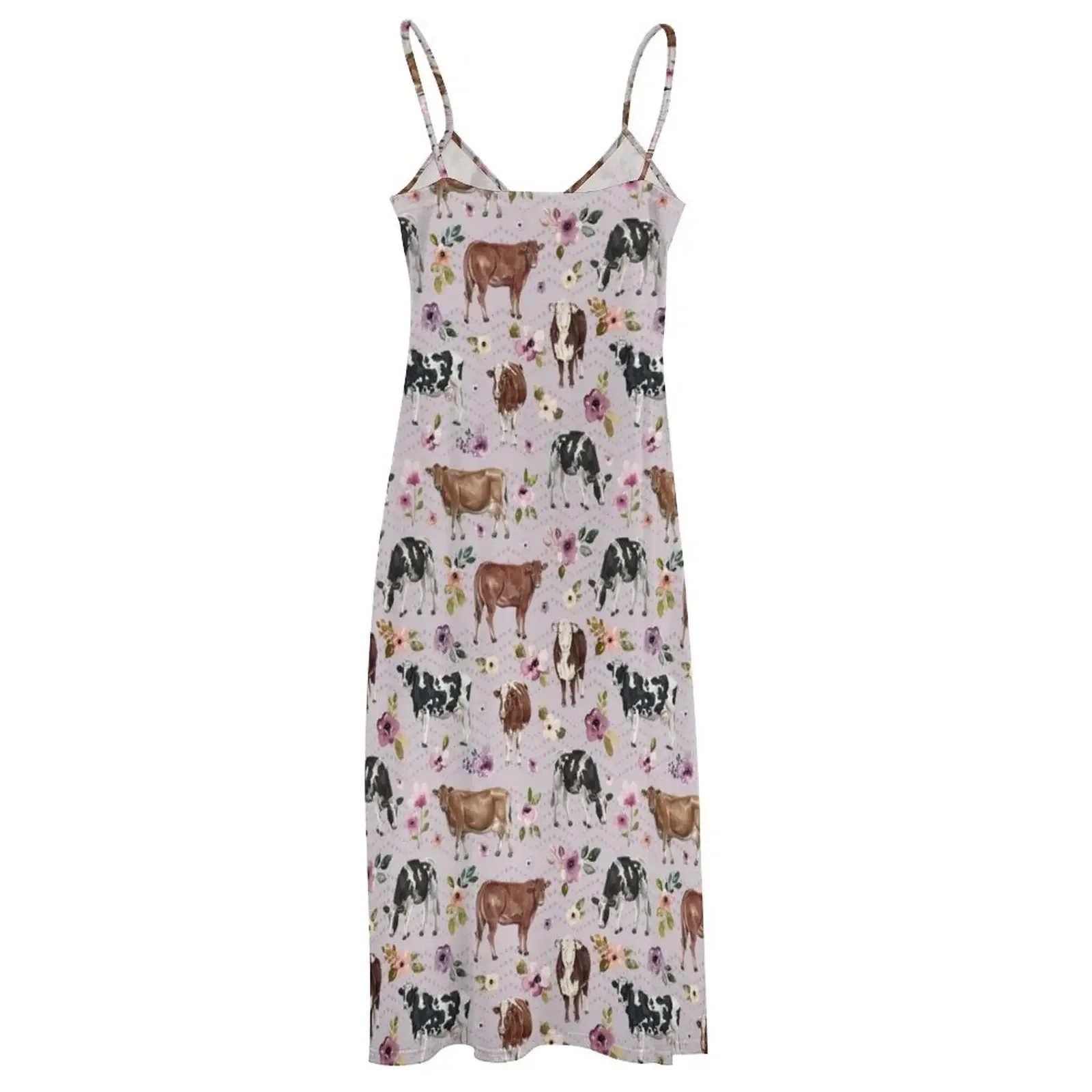 Cows and Flowers, Lavender, Watercolor Floral, Western, Cow Painting, Country Sleeveless Dress bandage dress