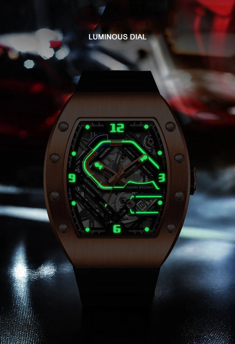 HANBORO Men Automatic Watch Mechanical Wristwatch Luminous Tonneau Case Luminous Skeleton Racing Track Dial Miyota 9015