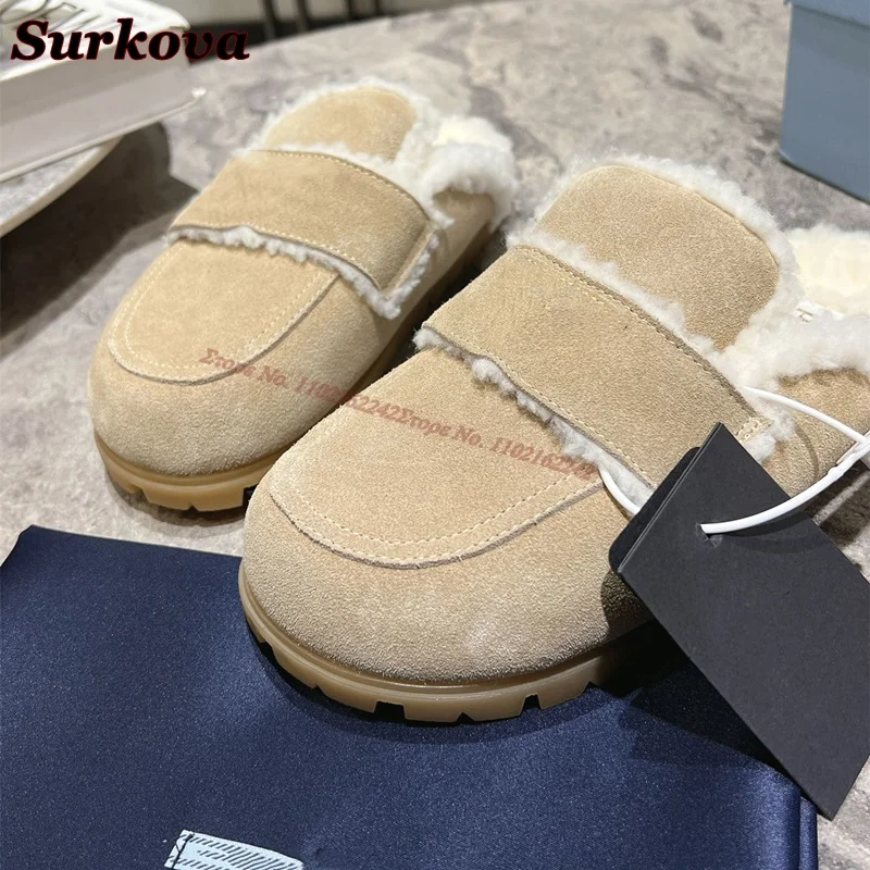 Autumn And Winter Genuine Leather Wool Slippers Round Toe Non-Slip Warm Flat Loafers Fashion Casual Luxury Slippers For Women