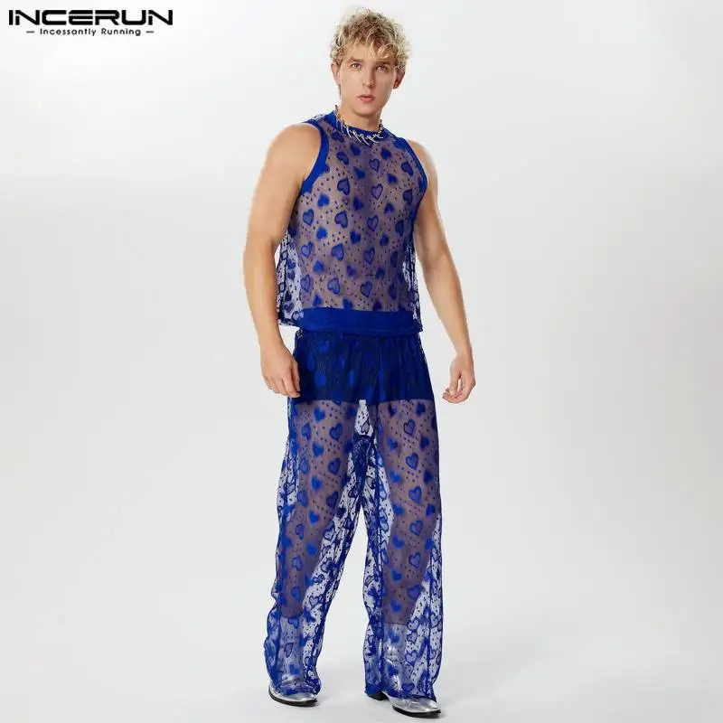 INCERUN 2024 American Style Stylish Sets New Men Love Lace Hollowed Out  Vests Long Pants Sexy Casual Male Two-piece Sets S-5XL