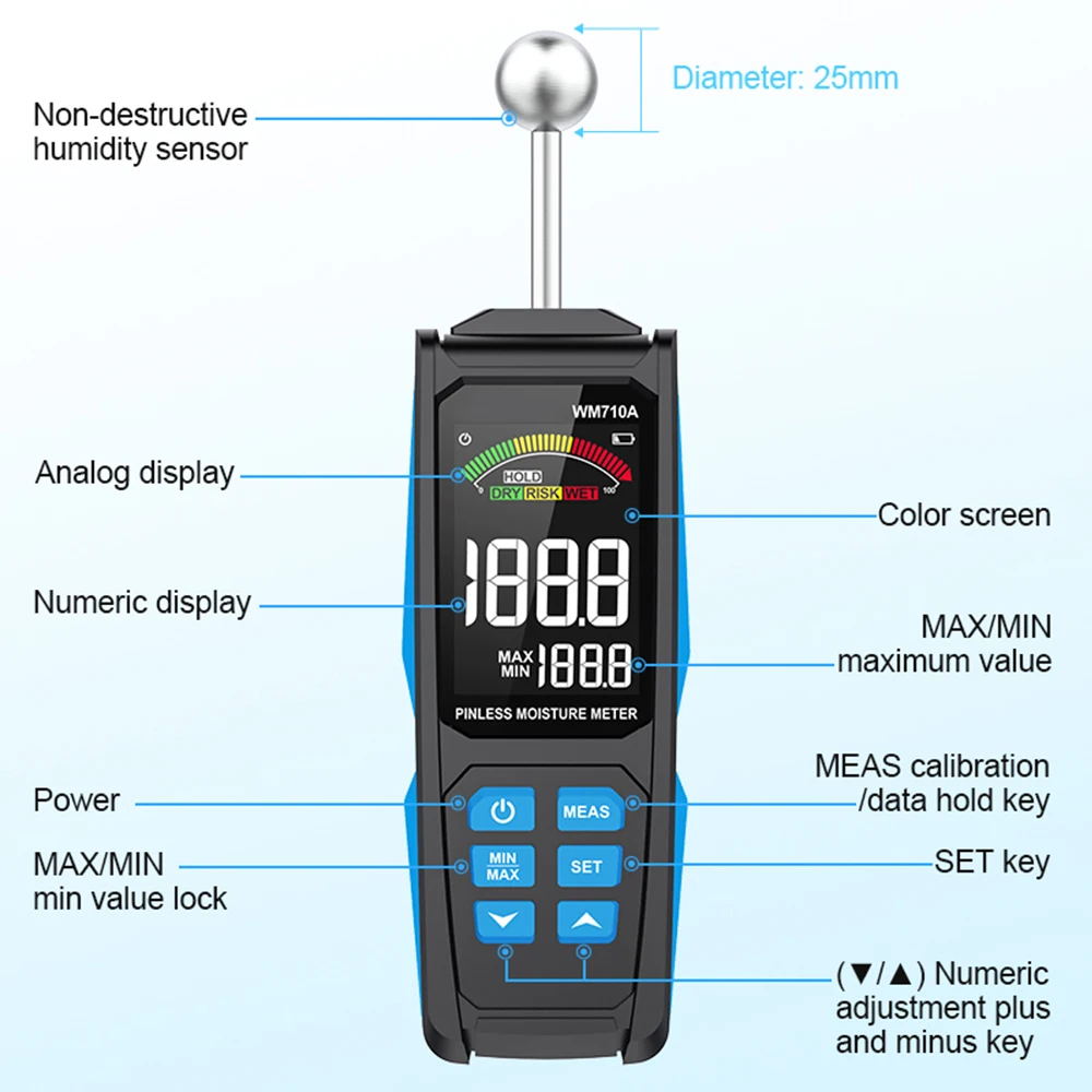 WM710A Digital Wood Moisture Meter Non-destructive Spherical Hygrometer Record Humidity Auto Detect Wettest Timber Damp Detector