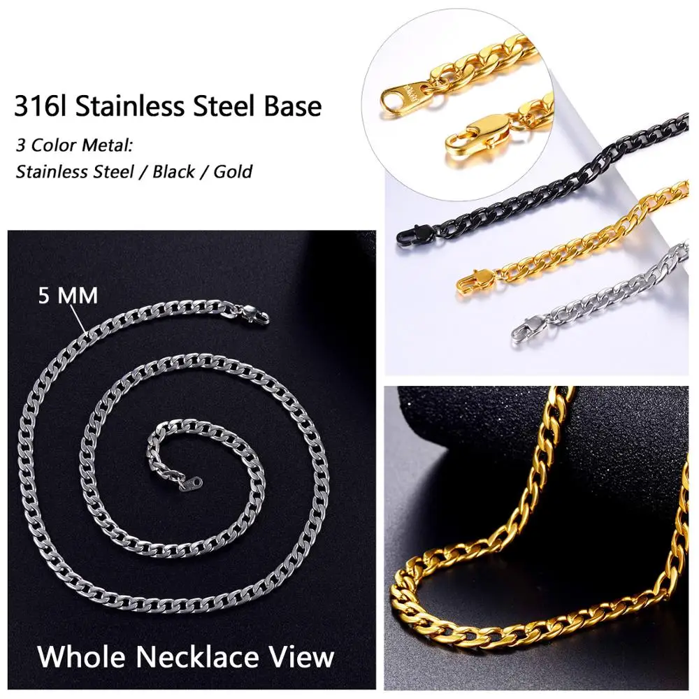 U7 Cuban Gold Color Chain For Men Hip Hop Jewelry Wholesale 5MM Black Stainless Steel Curb Chain Necklace N396