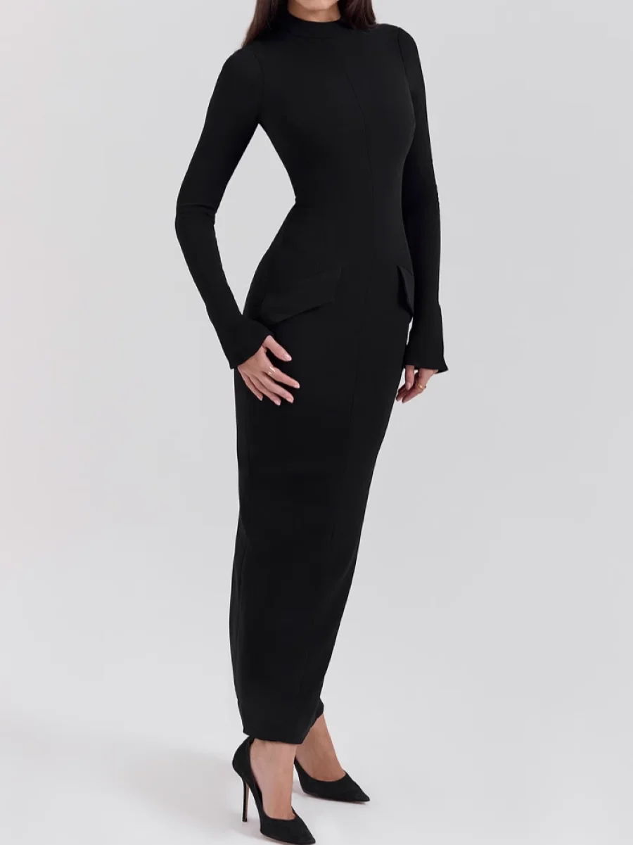 

Autumn Women Slit Maxi Dress 2 Colors Stand Collar Long Sleeve Elegant Slim Robe