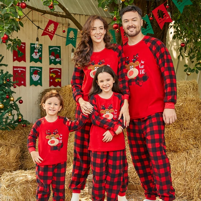 PatPat Christmas Family Matching Pajamas Reindeer Embroidered Plaid  Thickened Polar Fleece Pajamas Sets (Flame Resistant）