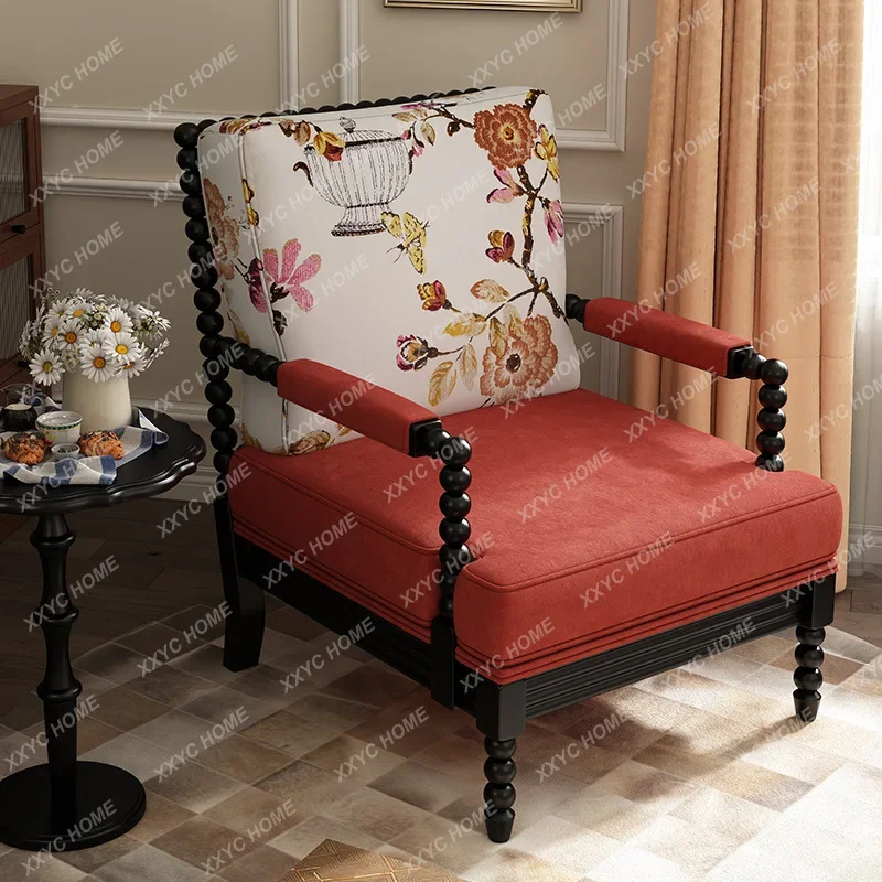 JSofa retro living room furniture solid wood fabric tiger chair candied gourd round bead single leisure sofa chair