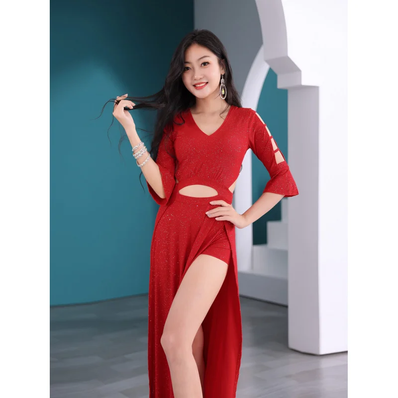 Women's 2025 Autumn Winter New Sexy Oriental Dance Costume Hollow Out Dress Performance Set