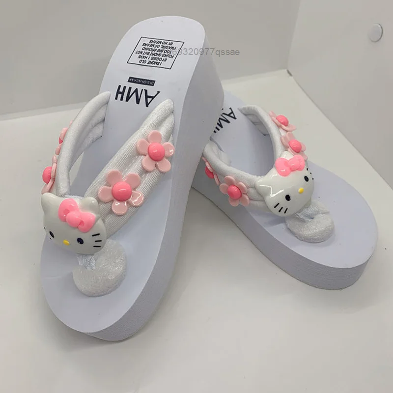 Sanrio Hello Kitty Summer Pink Wedges Flip Flops for Women Y2k Sweet Thick Bottom Anti-slip Slippers Casual Holiday Beach Shoes