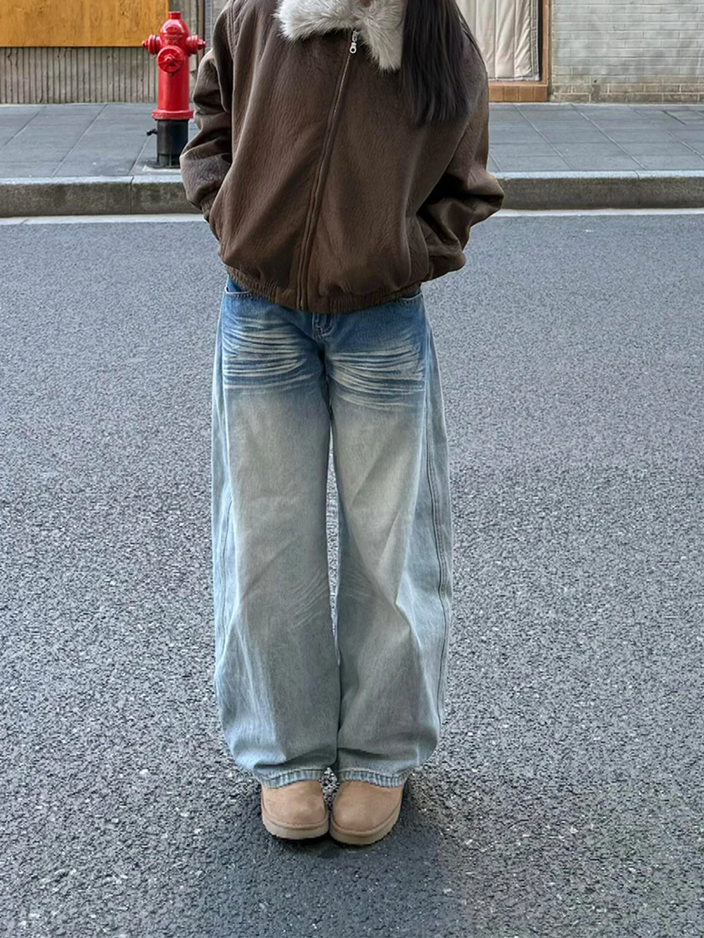 plus Size American Retro Casual Denim Jeans Women's Autumn Winter New Sle Pear ape Light Colored Straight Leg Pants