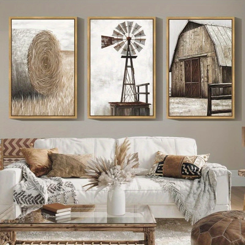 3pcs Set Canvas Poster Vintage Rural Barn Windmill Classic Retro Watercolor Landscape Frameless Living Room Wall Art Prints