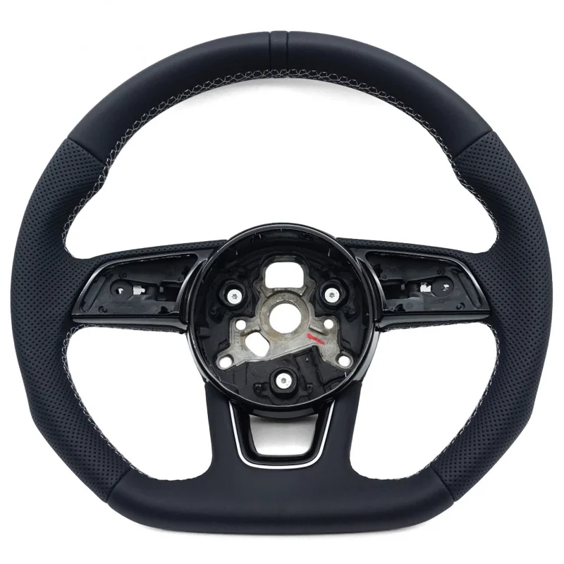 For Audi A4B9 S model semi-perforated black leather sport flat-bottom steering wheel with white stitching
