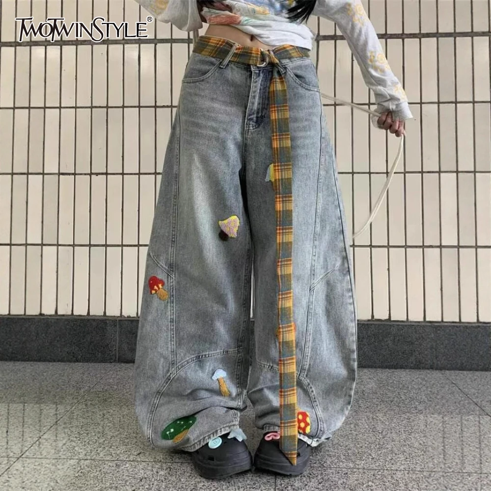 

TWOTWINSTYLE синие брюки с вышивкой, женские свободные брюки с высокой талией в американском стиле ретро, женские широкие брюки, осенняя новая мода