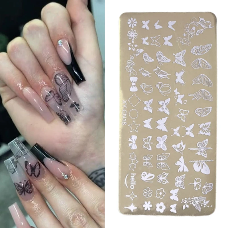 (BF06)12x6cm Golden Rectangular Nail Stamping Plates Bowknot Butterfly Flower Cat Nail Art Template For DIY Nail Decor Stencil
