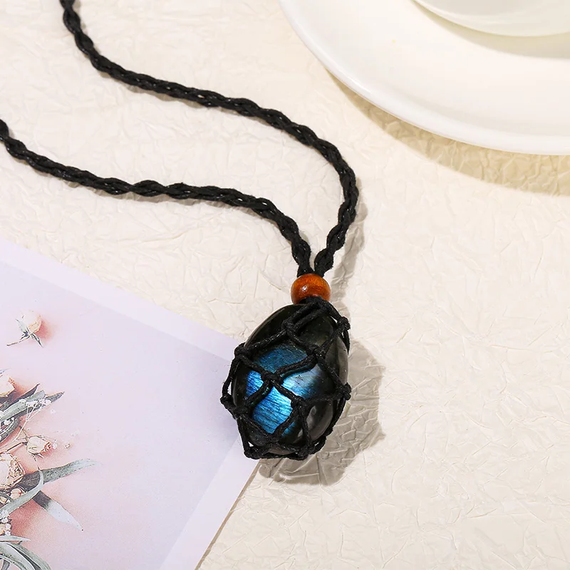 JD Natural Labradorite Stone Black Rope Mesh Moonstone Pendulum Pendant Necklace Women Men Irregular Blue Irisation Charms Gift