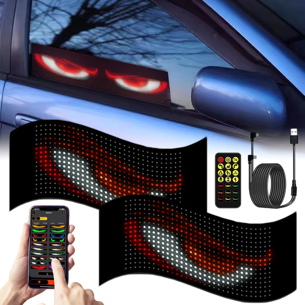 2Pcs DIY Programmable Flexible LED Display Scrolling Sign Light Truck Devil Eyes Light Bluetooth APP Control with Car Charger