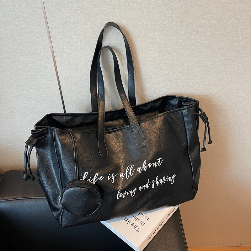 

Pu Leather Shoulder Bag Fashion Female Travel Portable Handbags Casual Letter Print Large capacity Travel Laptop Tote Bags Ladie