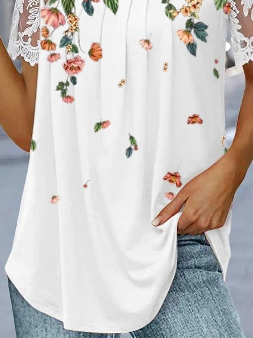 Tops de encaje con estampado Floral para mujer, manga corta, cuello cuadrado, talla grande