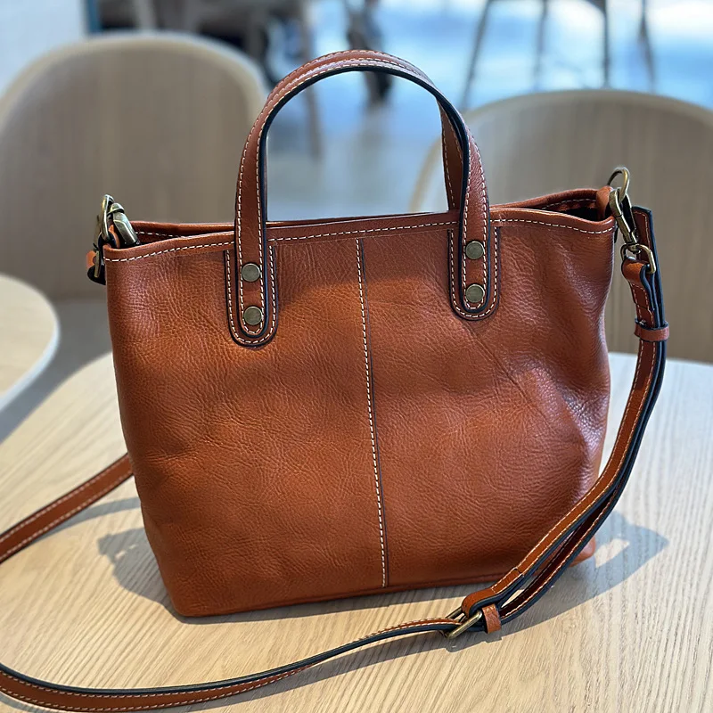 First Layer Vegetable Tanned Cowhide Casual Handbag Retro Minimalist Messenger Shoulder Leather Commuter Women's Bag