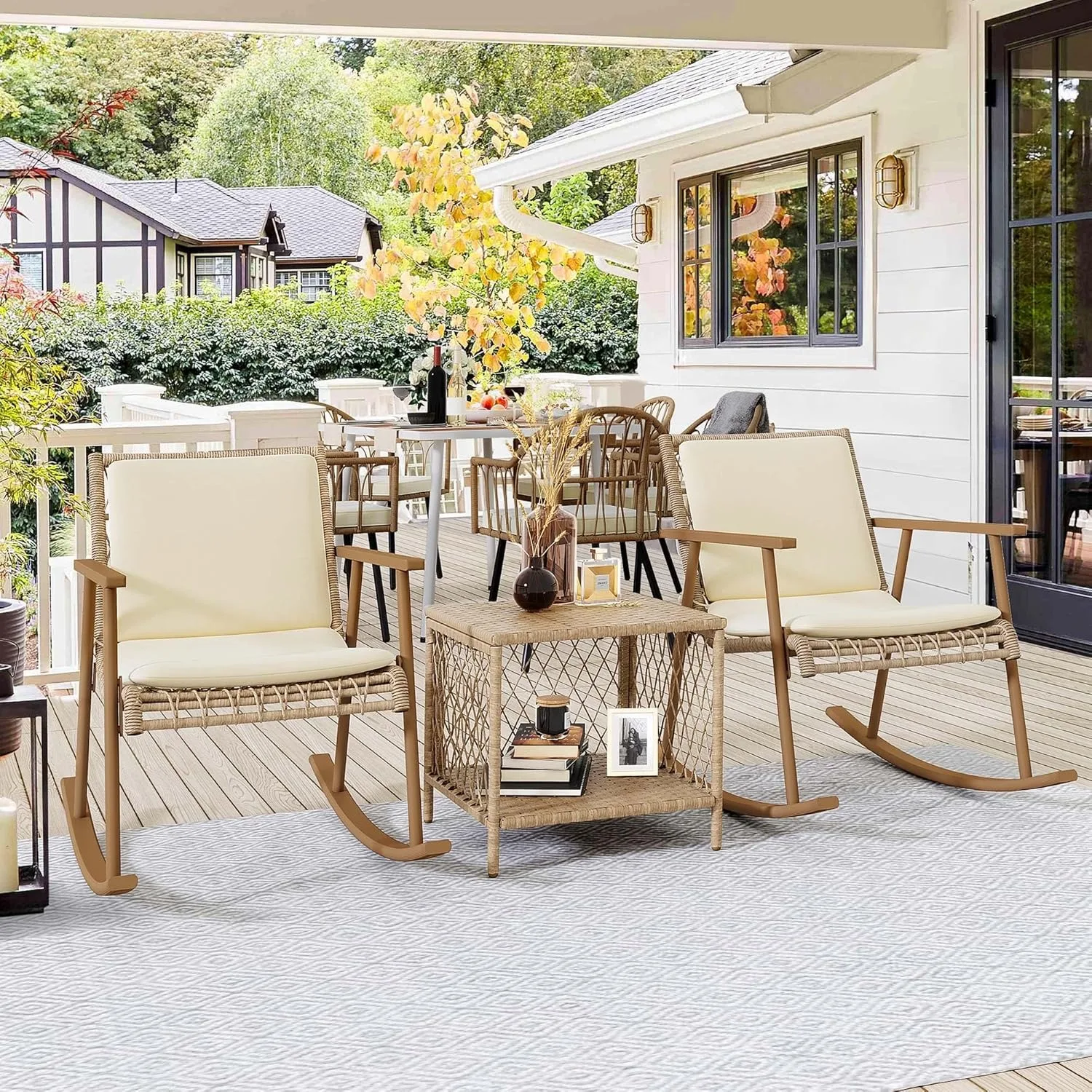 3 Pieces Patio Wicker Rocking Bistro Set, Oversize Outdoor Rattan Conversation Set with Soft Cushions & Square Side Table(Beige)