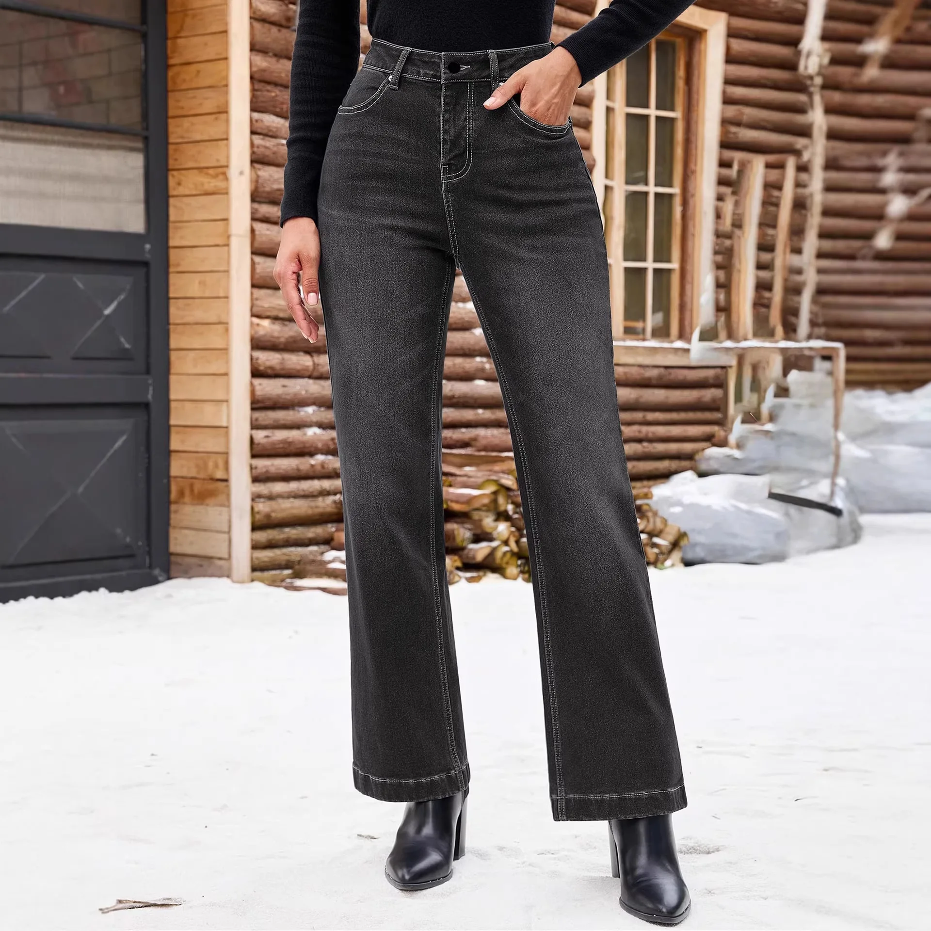 

High Waist Denim Jeans for Women Vintage Wide Leg Straight Pants Ladies Casual Pockets Pants Pantalones De Mujer