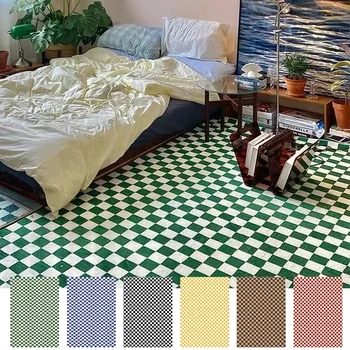 모던 그린 화이트 격자 무늬 카펫, 거실 홈 데코, 소파 테이블, 넓은 영역 러그, 침실 침대 옆 바닥 매트, 발코니 러그 