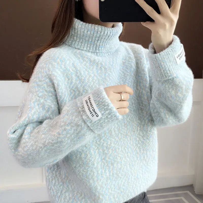 

Women's High Collar Knitted Sweater Thiened Fce Loose Slimming Soft Winter Faion Commute Sle Long Sve Knitwear