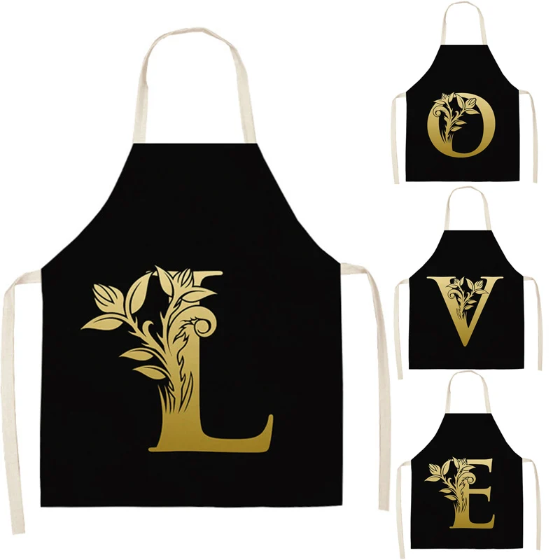 

Letter Apron Black Golden Flower Kitchen Aprons for Women Cotton Linen Bibs Household Cleaning Pinafore Home Cooking