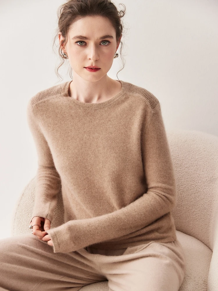TLOML Damski Sweter 100% Kaszmir Okrągły Dekolt Jesień Zima Dopasowany Podstawowy Sweter z Kaszmiru Miękki Ciepły Warstwa Bazowa Top