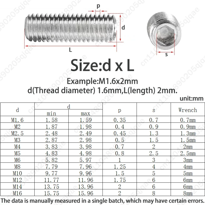 DIN913 Grub Screw M1.6 M2 M2.5 M3 M4 M5 M6 M8-M16 Stainless Steel Allen Hex Hexagon Socket Flat End Grub Headless Bolt Set Screw