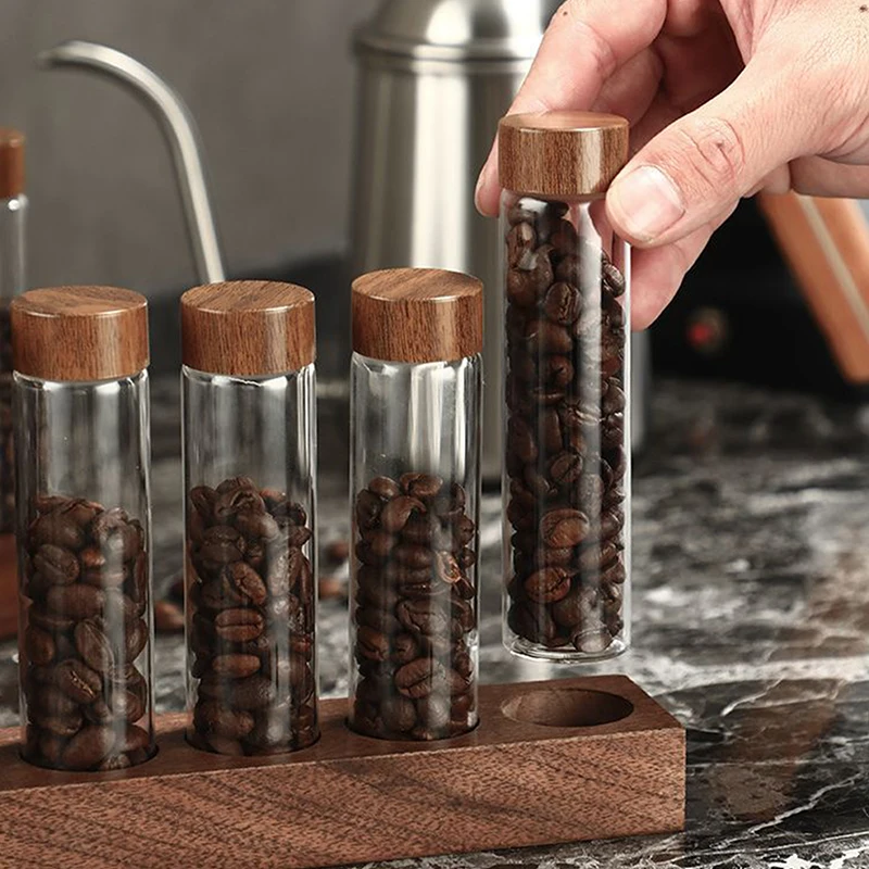 Coffee Bean Glass Tube With Wood Tool Bottled Tubes Grain Storage Wooden Sealed Airtight Canisters Tea Caddy Storage 10.6*3cm