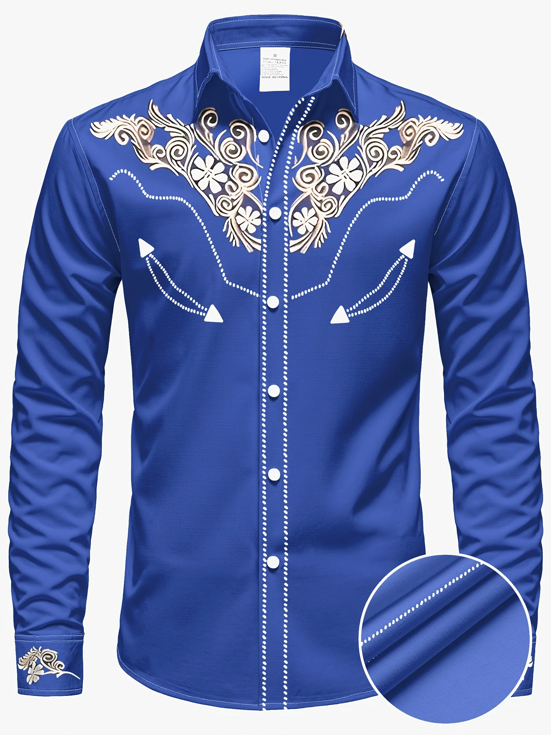 Men Turn‑down Collar Long Shirt Western Style Golden Ornate Floral Graphic Print Button‑front Fashion Holiday Male Blouse